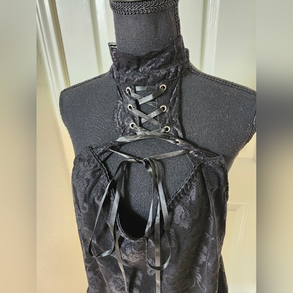 Widow Black Lace Up Choker Floral Lace Slip Mini Dress Open Back - Goth XXL - Picture 7 of 12